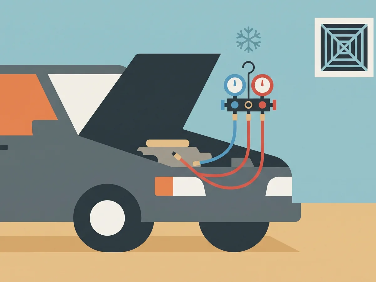 Illustration of a car with the hood open and an A/C gauge set connected to the engine bay Illustration of a car with the hood open and an A/C gauge set connected to the engine bay