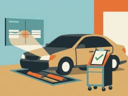 Illustration of a car in a garage bay with a brake tester, a headlight aiming board and a clipboard with a green check Illustration of a car in a garage bay with a brake tester, a headlight aiming board and a clipboard with a green check