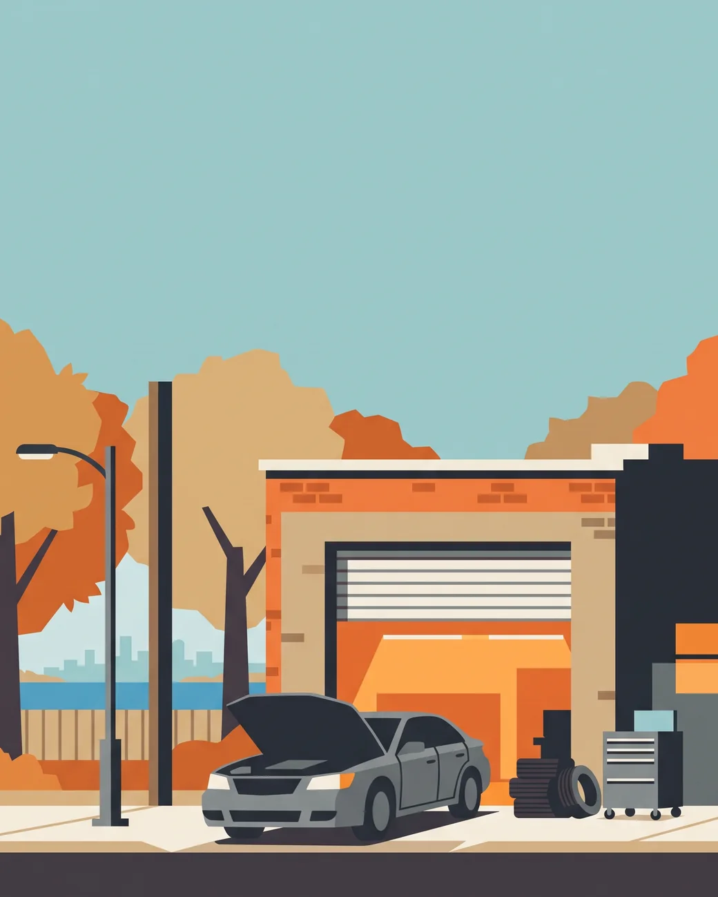 Auto repair shop on Simcoe St N in Oshawa Illustration of an independent auto repair shop on Simcoe Street North in Oshawa, with an open garage bay, a sedan with its hood up, autumn trees and Lake Ontario in the distance