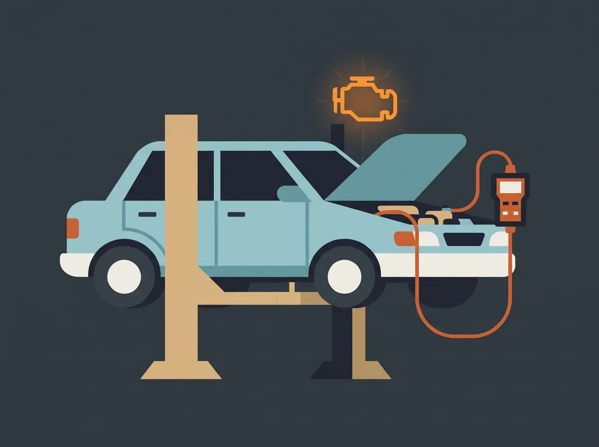 Check engine light diagnosis in Oshawa Illustration of a car on a lift with its hood open and a check engine light symbol above it