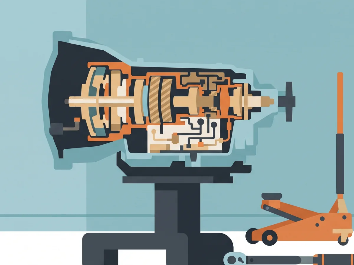 Illustration of a cutaway transmission on a workshop stand next to a floor jack and torque wrench Illustration of a cutaway transmission on a workshop stand next to a floor jack and torque wrench